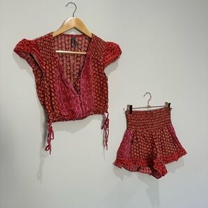 Anthropologie Red and Pink Patterned Women matching set